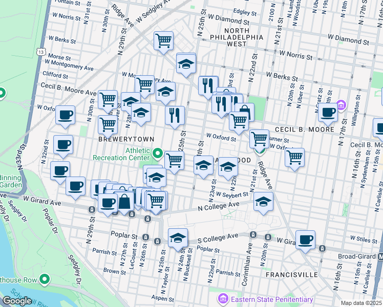 map of restaurants, bars, coffee shops, grocery stores, and more near 2419 West Jefferson Street in Philadelphia