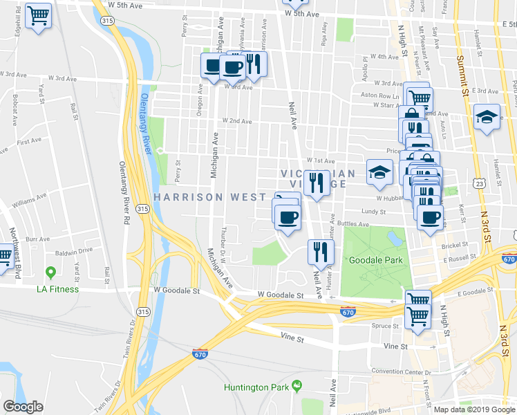 map of restaurants, bars, coffee shops, grocery stores, and more near 836 Harrison Avenue in Columbus