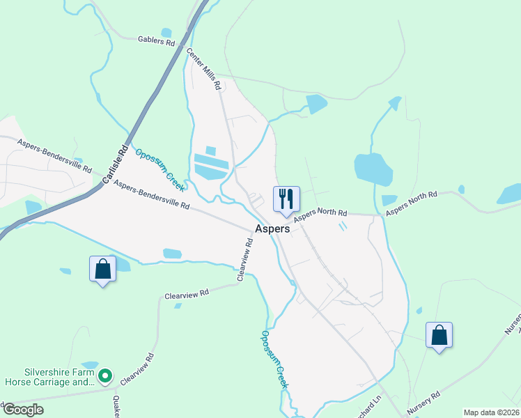 map of restaurants, bars, coffee shops, grocery stores, and more near 1593 Center Mills Road in Aspers