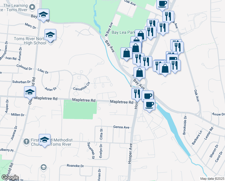 map of restaurants, bars, coffee shops, grocery stores, and more near 30 Turnberry Circle in Toms River