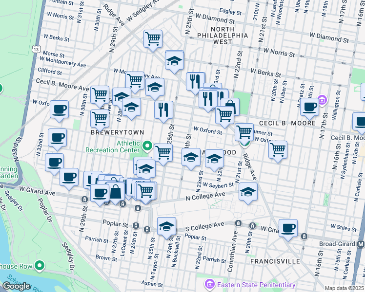 map of restaurants, bars, coffee shops, grocery stores, and more near 2431 West Jefferson Street in Philadelphia