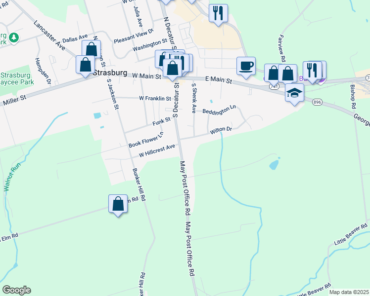 map of restaurants, bars, coffee shops, grocery stores, and more near 308 South Decatur Street in Strasburg