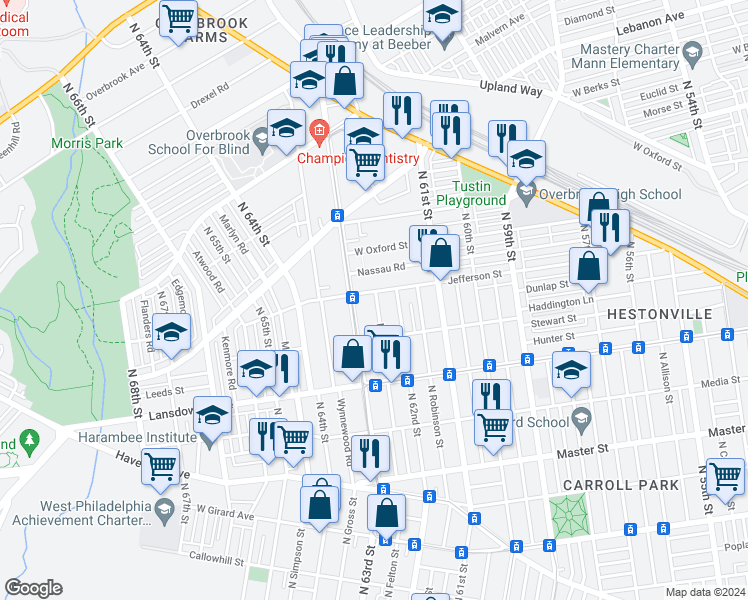 map of restaurants, bars, coffee shops, grocery stores, and more near 6224 West Jefferson Street in Philadelphia