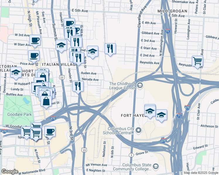 map of restaurants, bars, coffee shops, grocery stores, and more near 736 Civitas Avenue in Columbus