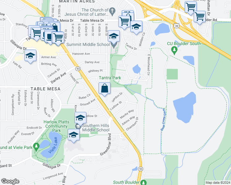 map of restaurants, bars, coffee shops, grocery stores, and more near 4637 Huey Circle in Boulder