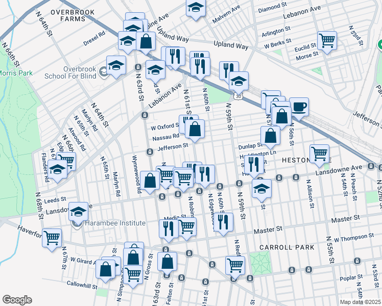 map of restaurants, bars, coffee shops, grocery stores, and more near 1744 North 61st Street in Philadelphia