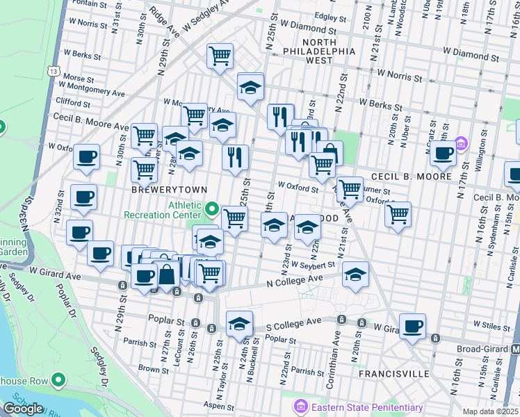 map of restaurants, bars, coffee shops, grocery stores, and more near 2415 West Jefferson Street in Philadelphia