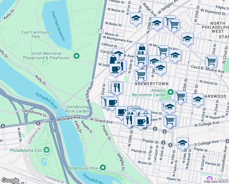 map of restaurants, bars, coffee shops, grocery stores, and more near 3100 W Master St in Philadelphia