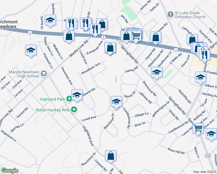 map of restaurants, bars, coffee shops, grocery stores, and more near 98 Glen Circle in Broomall