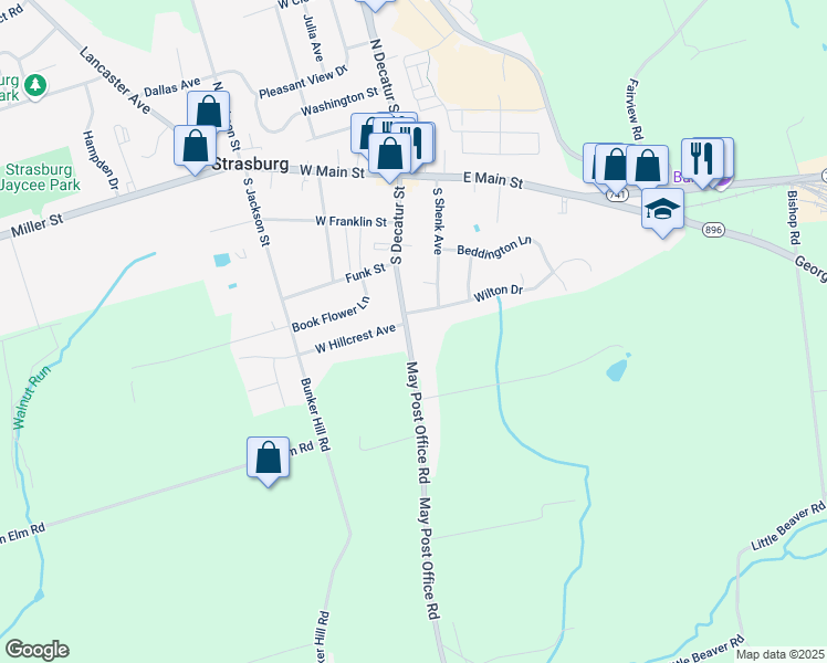 map of restaurants, bars, coffee shops, grocery stores, and more near 308 South Decatur Street in Strasburg