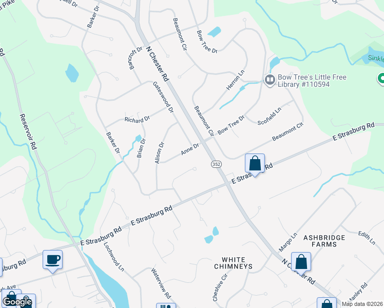 map of restaurants, bars, coffee shops, grocery stores, and more near 1536 Anne Dr in West Chester