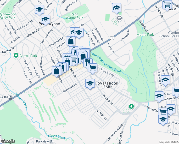 map of restaurants, bars, coffee shops, grocery stores, and more near 7554 Haverford Avenue in Philadelphia