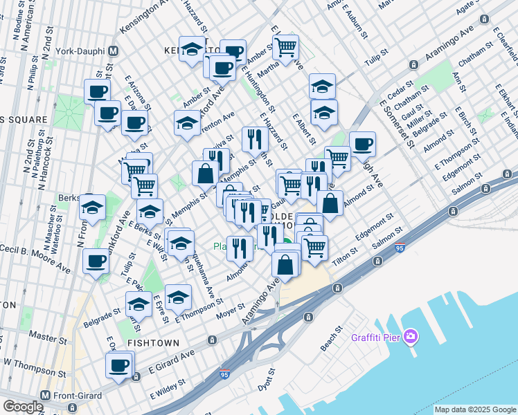 map of restaurants, bars, coffee shops, grocery stores, and more near 2423 East Hagert Street in Philadelphia