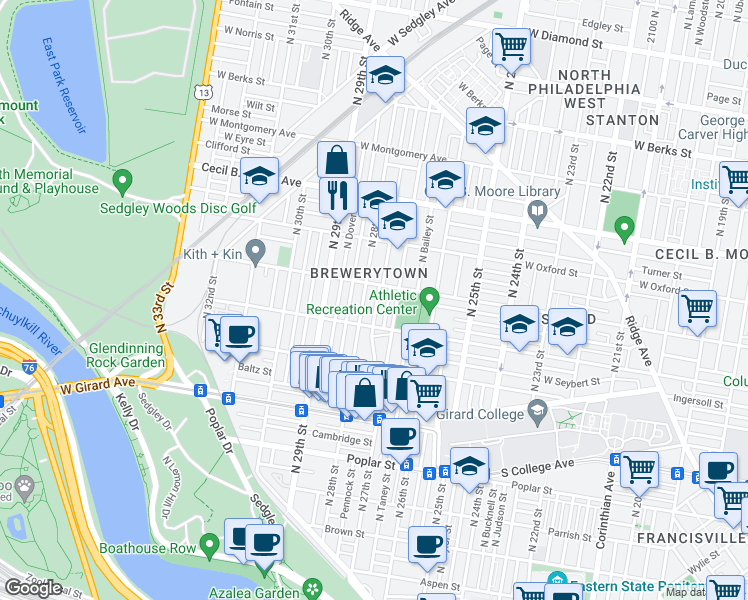map of restaurants, bars, coffee shops, grocery stores, and more near 1440 North Marston Street in Philadelphia