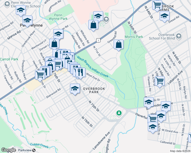 map of restaurants, bars, coffee shops, grocery stores, and more near 1525 West End Drive in Philadelphia
