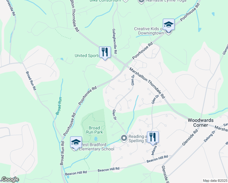 map of restaurants, bars, coffee shops, grocery stores, and more near 1713 Marsha Lane in Downingtown