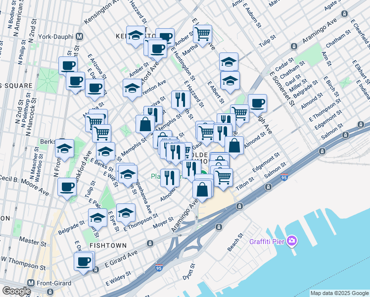 map of restaurants, bars, coffee shops, grocery stores, and more near 2423 East Hagert Street in Philadelphia