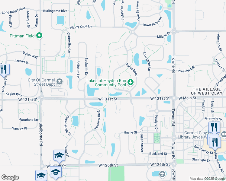 map of restaurants, bars, coffee shops, grocery stores, and more near 2750 West 131st Street in Carmel