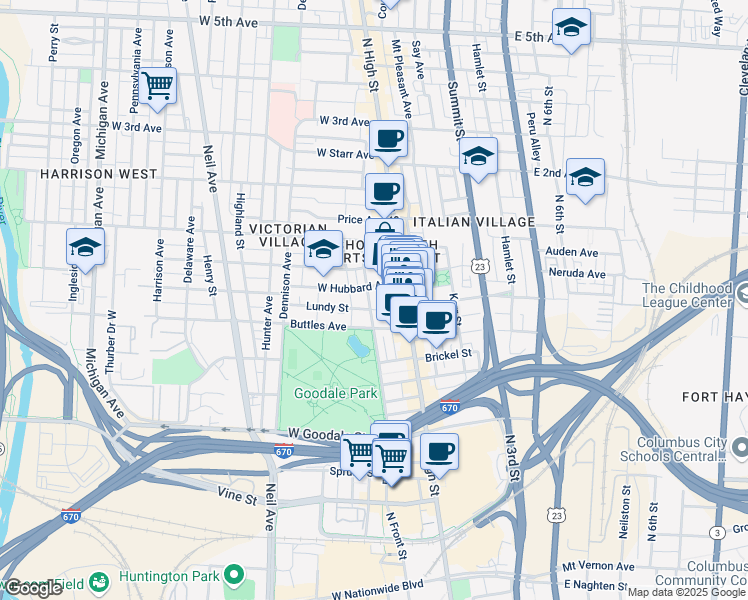 map of restaurants, bars, coffee shops, grocery stores, and more near 780 Park Street in Columbus