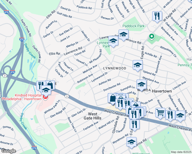 map of restaurants, bars, coffee shops, grocery stores, and more near 1613 Lynnewood Drive in Havertown