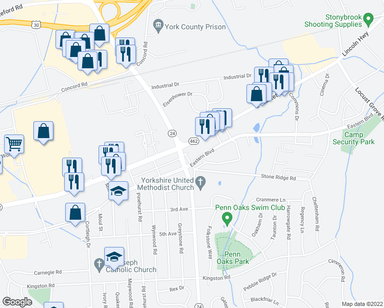 map of restaurants, bars, coffee shops, grocery stores, and more near 1 Longstown Road in York