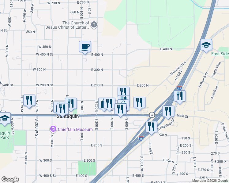 map of restaurants, bars, coffee shops, grocery stores, and more near 160 North 300 East in Santaquin