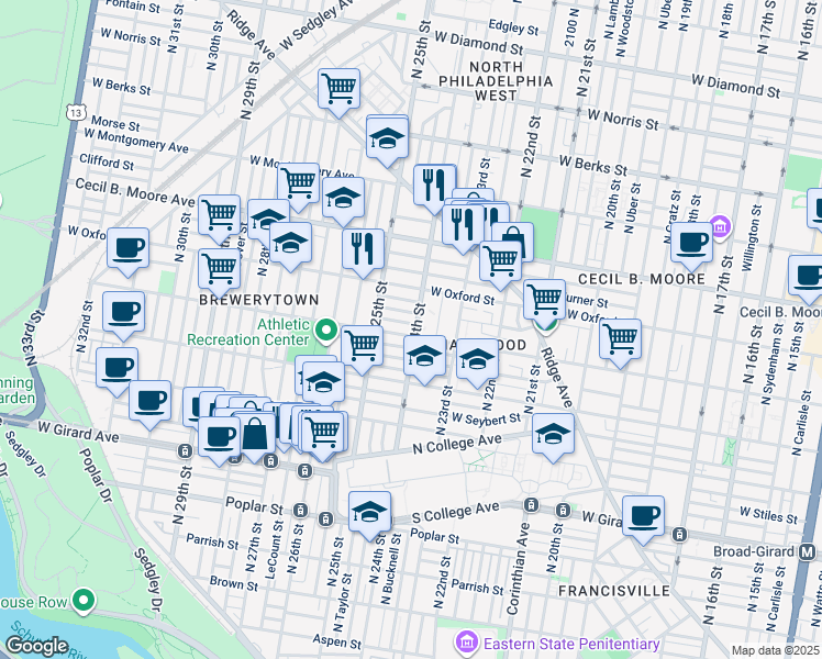 map of restaurants, bars, coffee shops, grocery stores, and more near 2403 West Jefferson Street in Philadelphia