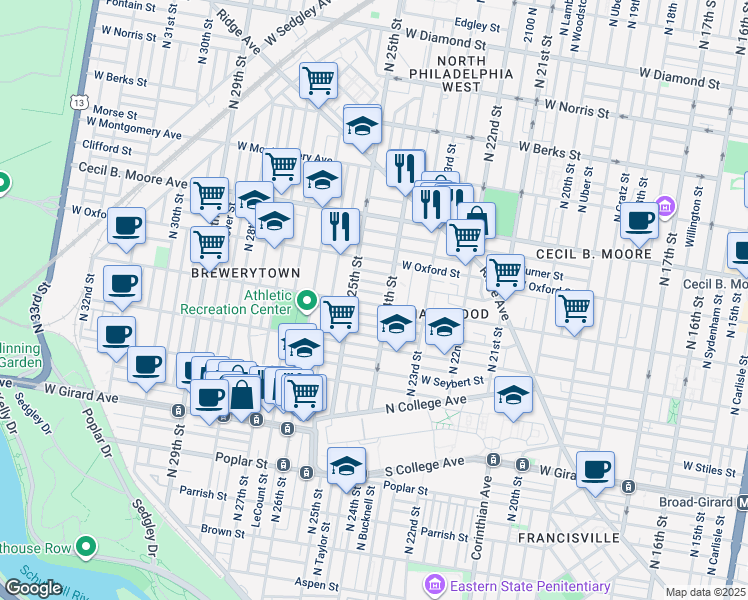 map of restaurants, bars, coffee shops, grocery stores, and more near 2419 West Jefferson Street in Philadelphia