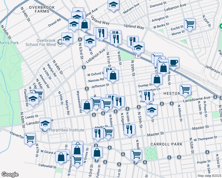 map of restaurants, bars, coffee shops, grocery stores, and more near 1744 North 61st Street in Philadelphia