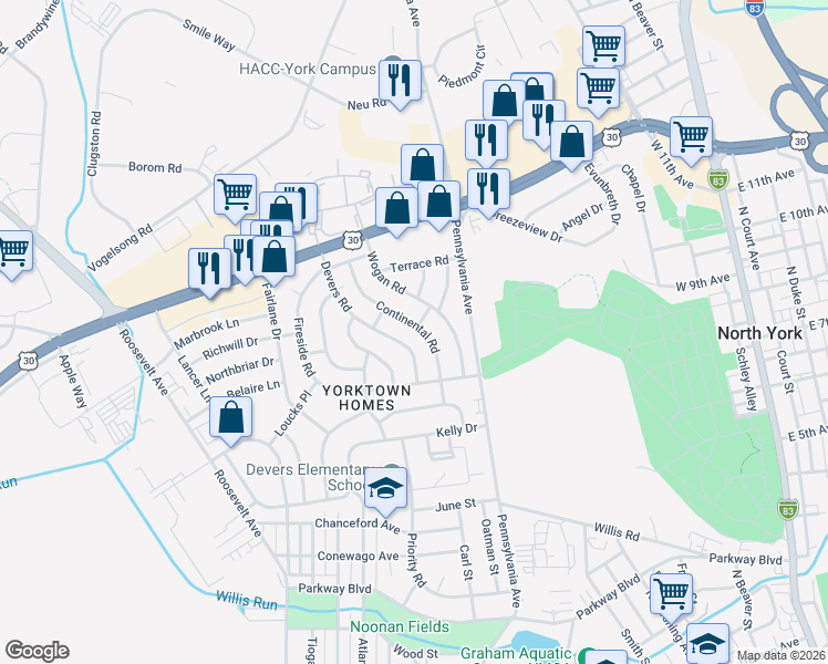 map of restaurants, bars, coffee shops, grocery stores, and more near 1224 Continental Road in York