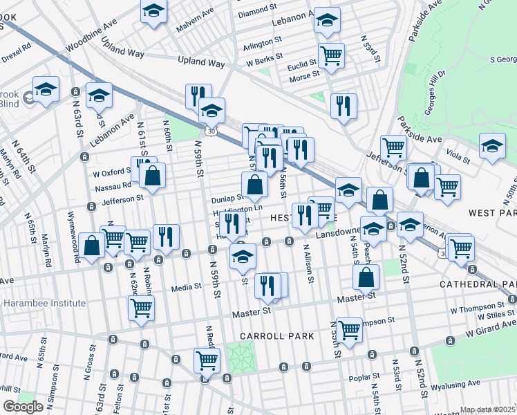 map of restaurants, bars, coffee shops, grocery stores, and more near N 57th St & Haddington St in Philadelphia