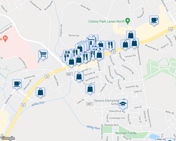 map of restaurants, bars, coffee shops, grocery stores, and more near 950 Marbrook Lane in York