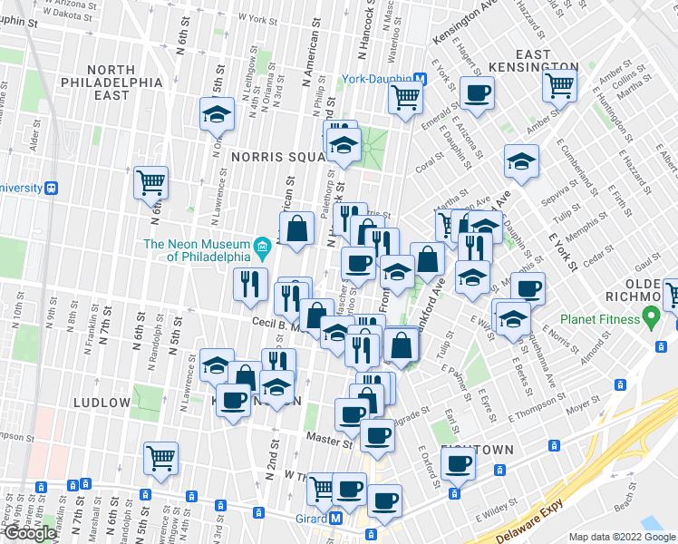 map of restaurants, bars, coffee shops, grocery stores, and more near 1835 Mutter Street in Philadelphia