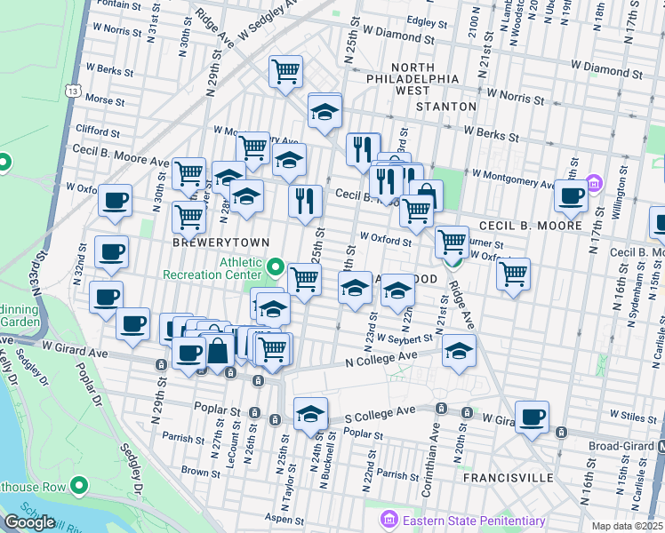 map of restaurants, bars, coffee shops, grocery stores, and more near 2423 West Jefferson Street in Philadelphia