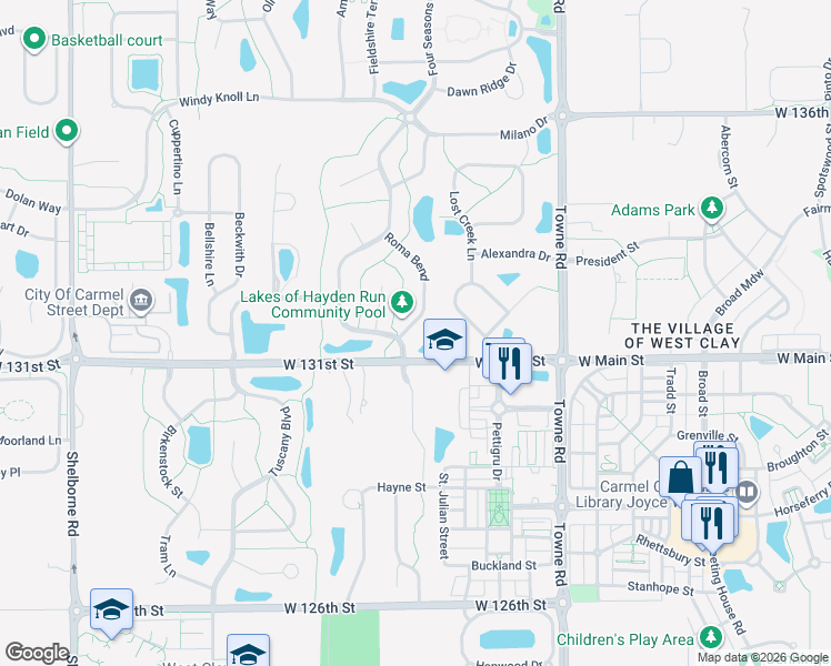 map of restaurants, bars, coffee shops, grocery stores, and more near 13167 Roma Bend in Westfield