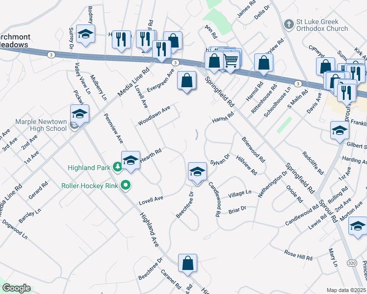 map of restaurants, bars, coffee shops, grocery stores, and more near 98 Glen Circle in Broomall