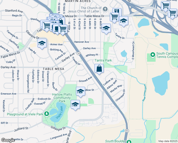 map of restaurants, bars, coffee shops, grocery stores, and more near 4386 Butler Circle in Boulder