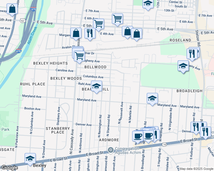 map of restaurants, bars, coffee shops, grocery stores, and more near 345 North Stanwood Road in Columbus