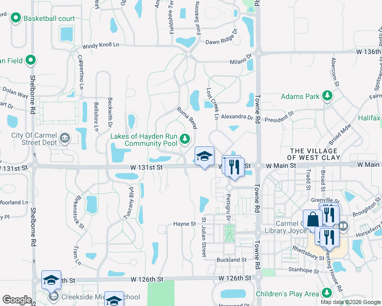 map of restaurants, bars, coffee shops, grocery stores, and more near 13167 Roma Bend in Westfield