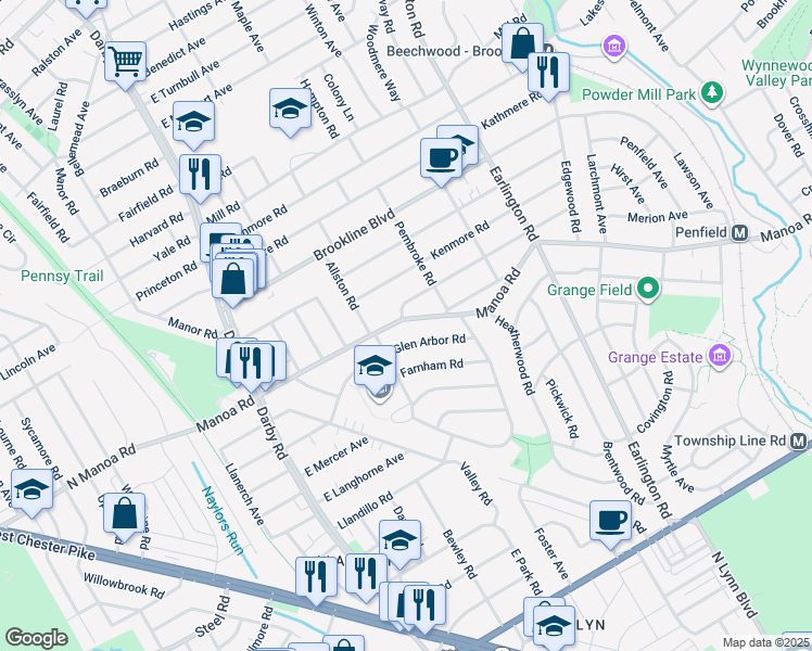 map of restaurants, bars, coffee shops, grocery stores, and more near 211 East Manoa Road in Havertown
