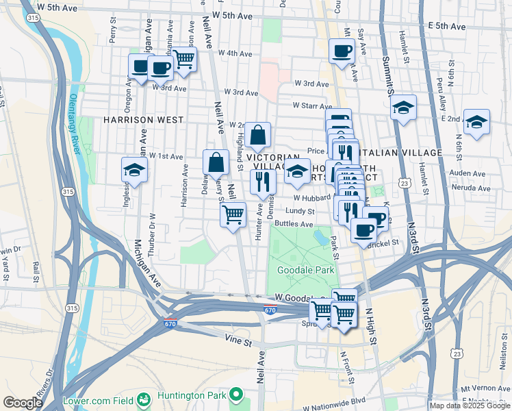 map of restaurants, bars, coffee shops, grocery stores, and more near 221 West Hubbard Avenue in Columbus