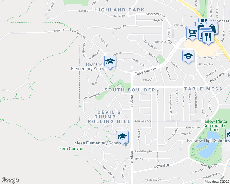 map of restaurants, bars, coffee shops, grocery stores, and more near 1195 Bear Mountain Drive in Boulder