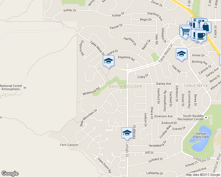 map of restaurants, bars, coffee shops, grocery stores, and more near 1195 Bear Mountain Drive in Boulder