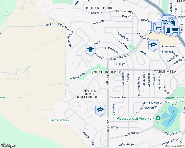 map of restaurants, bars, coffee shops, grocery stores, and more near 1195 Bear Mountain Drive in Boulder