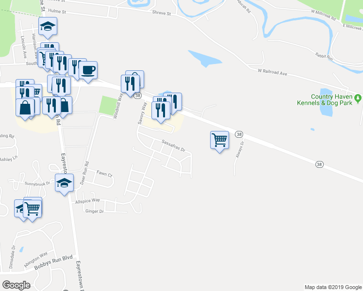 map of restaurants, bars, coffee shops, grocery stores, and more near 61 Sassafras Drive in Lumberton
