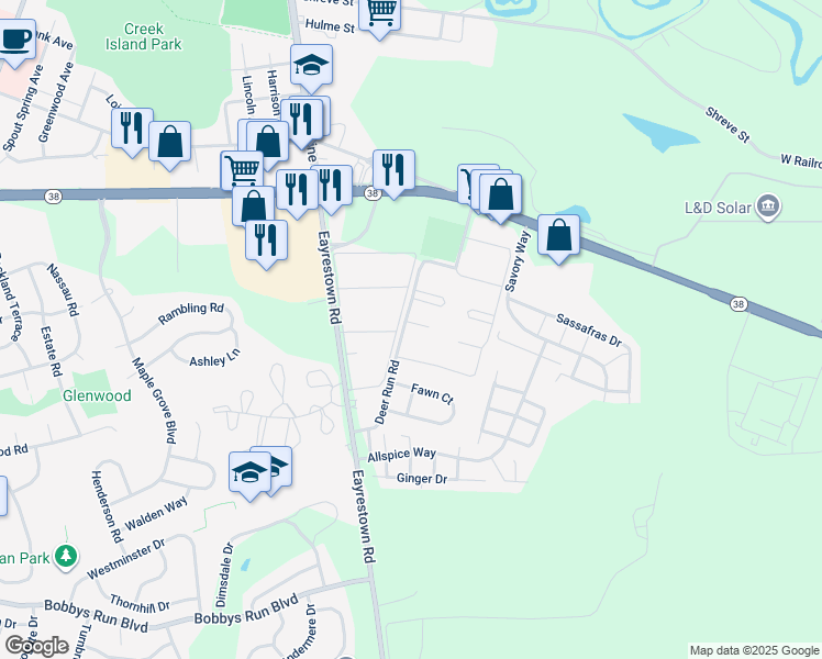 map of restaurants, bars, coffee shops, grocery stores, and more near 213 Sandstone Court in Lumberton