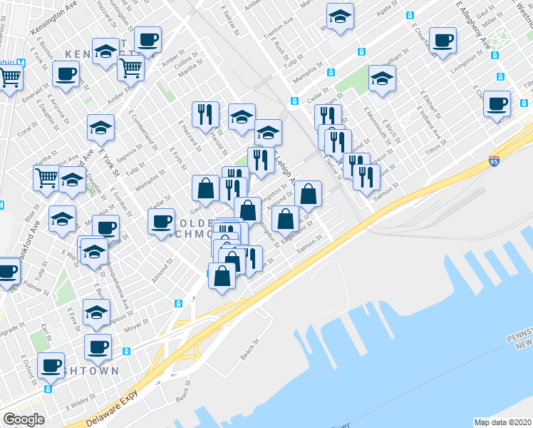 map of restaurants, bars, coffee shops, grocery stores, and more near 2622 East Albert Street in Philadelphia