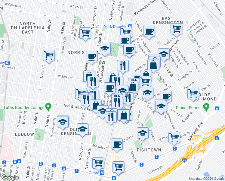 map of restaurants, bars, coffee shops, grocery stores, and more near 131 West Wilt Street in Philadelphia