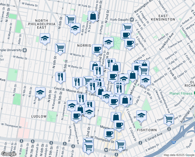 map of restaurants, bars, coffee shops, grocery stores, and more near 1801 North 2nd Street in Philadelphia
