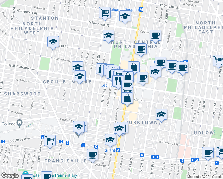 map of restaurants, bars, coffee shops, grocery stores, and more near 1611 North Sydenham Street in Philadelphia